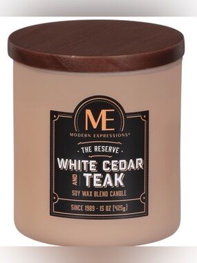 Modern Expressions Candle White Cedar Teak Single Wood Wick Soy Wax Blend 15 Oz